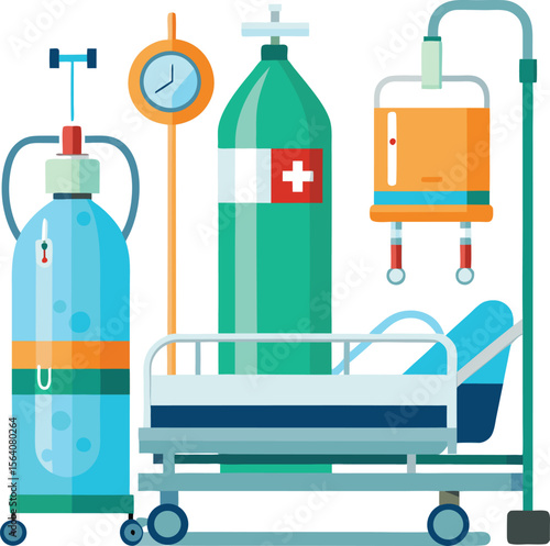  Oxygen tank and mask setup beside hospital bed, emergency COVID care equipment, isolated on white background