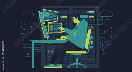 Dedicated System Administrator Overseeing Cloud Server Technology And Cybersecurity Infrastructure