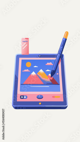 Tablet and stylus watercolor image. Flat style. Vector illustration.