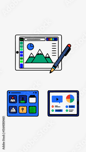 Tablet and stylus minimalistic images. Flat isolated icons. Vector illustration.