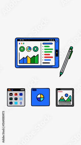 Tablet and stylus minimalistic images. Flat isolated icons. Vector illustration.