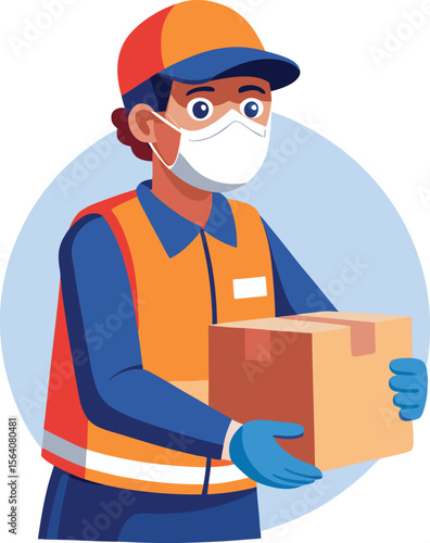 Postal worker delivering package with gloves and mask, essential service during lockdown, white background