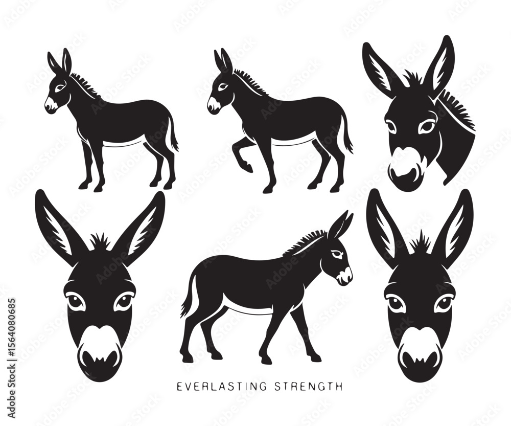 Obraz premium Collection of black silhouette donkey icons and heads on a white background