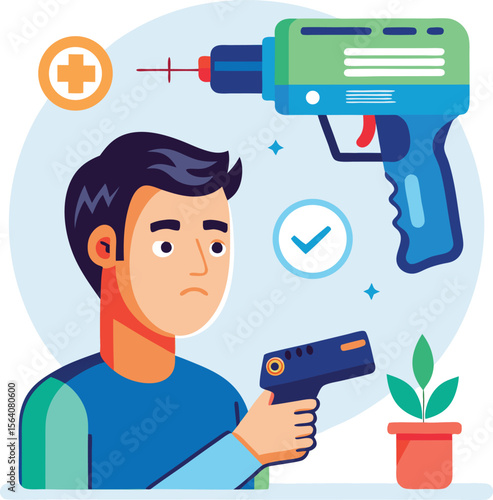 Contactless thermometer scanning forehead with digital reading, COVID temperature check, white background