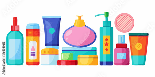 Set of different morning skincare routine 3d icons. Colorful isometric icons isolated on white background. Vector illustration.