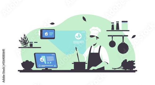 Digital Chef Preparing Virtual Meal With Online Recipes And Kitchen Tools