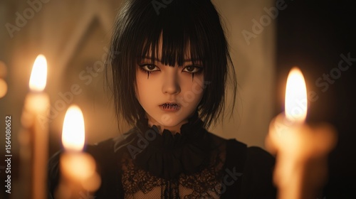 Woman in dramatic makeup with candles