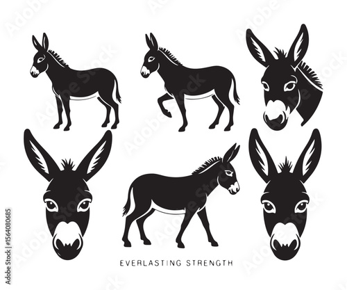Collection of black silhouette donkey icons and heads on a white background