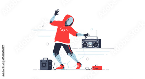 Energetic Robot With Boombox Dancing To The Beat Of The Future Tune