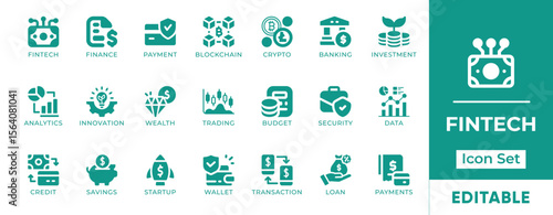 Fintech Icon Set. Features icons of digital banking, blockchain, mobile payments, online finance, and e-wallets. Perfect for apps, startups, and financial platforms.