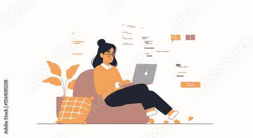 Female Freelancer Working From Home Writing Code On Laptop Computer