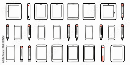 Set of different tablet and stylus icons. Flat line icons isolated on white background. Vector illustration.