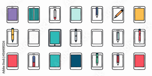 Set of different tablet and stylus icons. Flat line icons isolated on white background. Vector illustration.