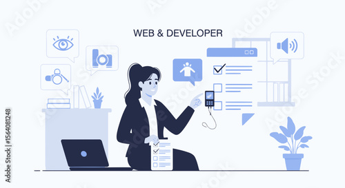 Female Web Developer Planning Software On Desktop Creating Modern Application