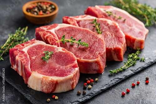 Fototapeta Naklejka Na Ścianę i Meble -  Fresh raw pork steaks with thyme and peppercorns ready for grilling