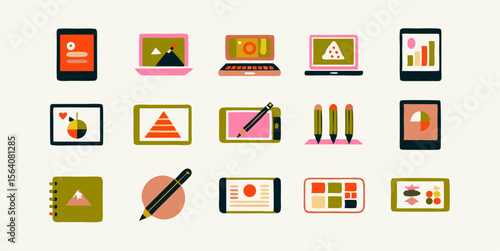 Set of different tablet and stylus images. Flat colorful isolated icons. Vector illustration.