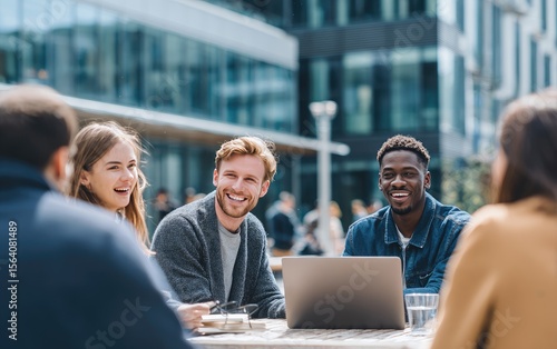 Diverse group of young adults smiling, engaged in conversation outdoors at a table with a laptop, amidst a blurred cityscape backdrop