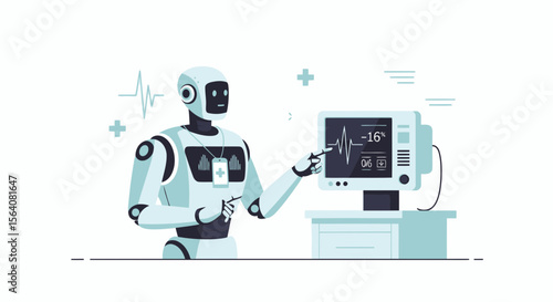 Futuristic Healthcare Robot Analyzing Vital Signs On A Medical Monitor