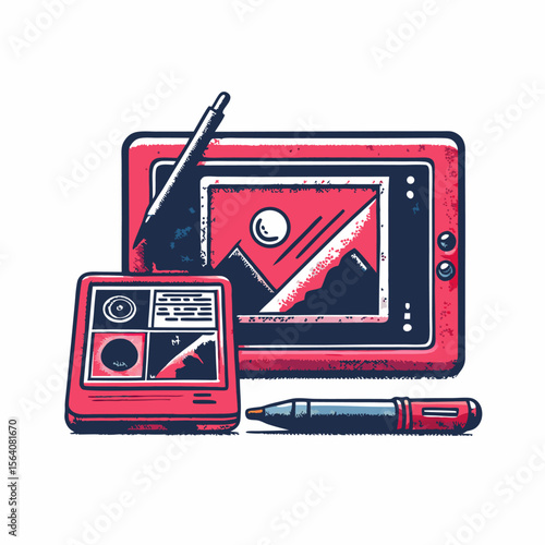 Hand drawn tablet and stylus image on white background. Vintage style. Vector illustration.