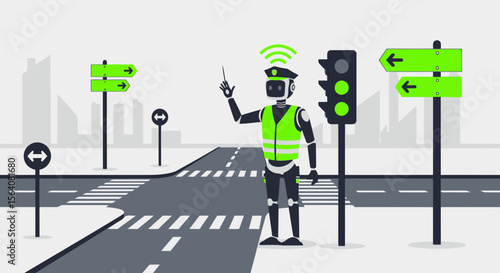 Futuristic Robot Directing Traffic Autonomous City Management System Concept