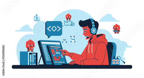 Game Developer Creating Pixel Art For Video Games Using Computer At His Desk