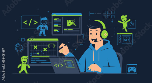Game Developer Working On Video Game With Laptop And Creating Characters Illustration