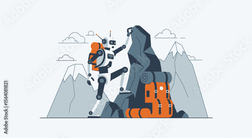 Illustrative Robot Ascending A Craggy Mountain Peak With Determination And A Full Pack