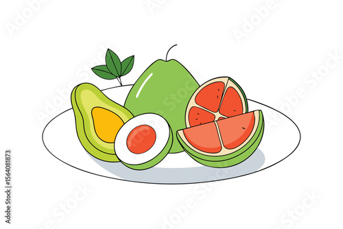 Modern Plate with Sliced Avocado Strawberry and Grapefruit