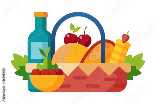 Outdoor Picnic Basket Filled with Food and Wine Artwork