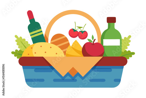 Picnic Basket Illustration with Sandwiches Fruits and Wine