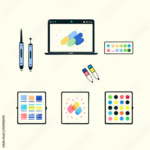 Set of different tablet and stylus watercolor icons. Flat images on white background. Vector illustration.