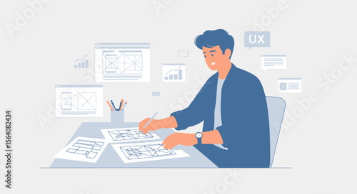 Man Designs User Experience Interface Website Wireframe On Paper Sketchpad