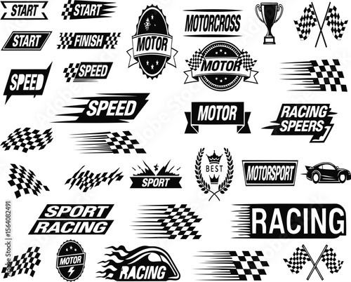Various racing themed graphics vectors including flags, speed icons, and awards, celebrating motorsport culture and the thrill of competition among enthusiasts.