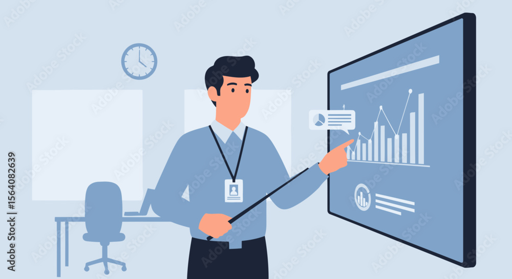 Man Presenting Business Data Analysis On Screen In Corporate Office Setting Man Presenting Business Data Analysis On Screen In Corporate Office Setting