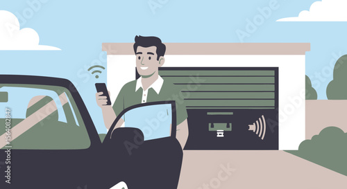 Man Using Smartphone To Open His Smart Garage Door Remotely From His Car