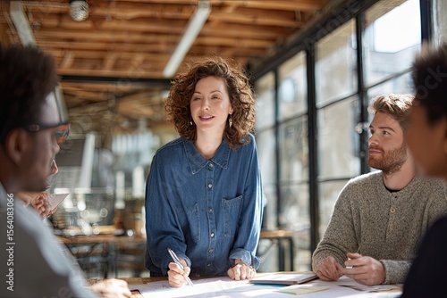 A woman leads a small group meeting in a sunlit, modern office. She stands at a table with colleagues, actively participating in a collaborative discussion