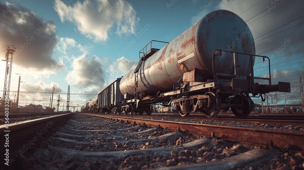 Naklejka premium Industrial train on tracks, blue sky with clouds above. Transportation of goods and materials. Railway freight transport, delivery and logistics.