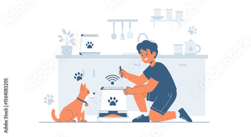 Modern Pet Care Technology Man Controls Smart Feeder With App Vector Illustration