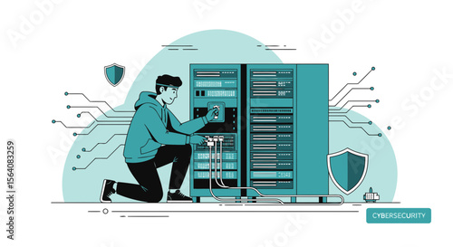 Modern Cyber Security System Engineer Working On Server Racks Vector Illustration