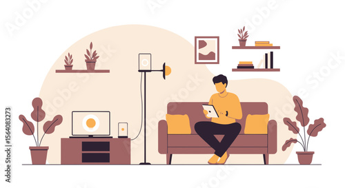 Modern Living Room With Man Relaxing On Sofa Using Tablet Illustration