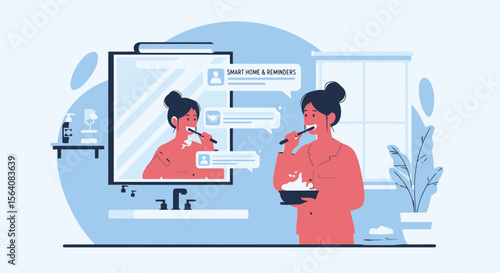 Morning Routine Woman Brushing Her Teeth Checking Smart Home Reminders On Mirror