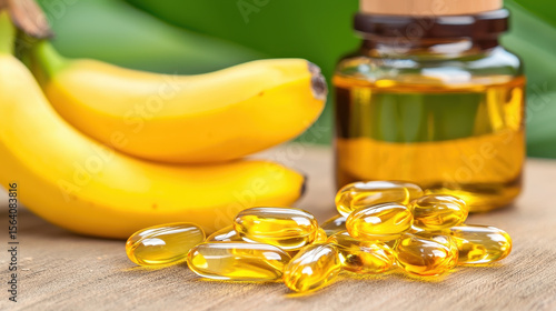 Vibrant display of bananas and yellow capsules beside glass jar, showcasing natural health benefits and vitality