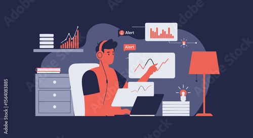 Online Financial Analysis Illustration Of A Person Using A Laptop At Home