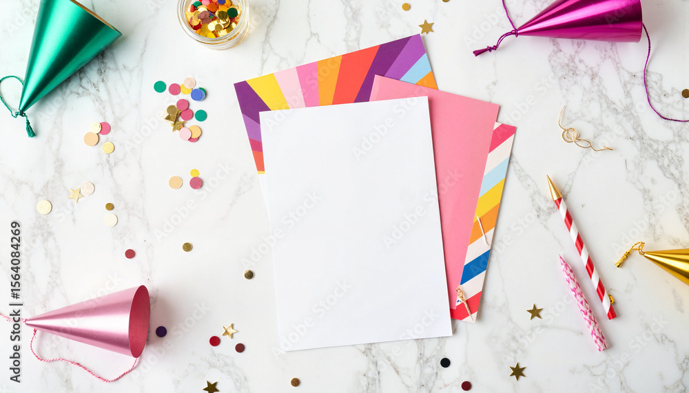Obraz premium Vibrant party invitation card on marble counter, festive celebration