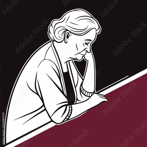 Illustration of a contemplative elderly woman leaning over a casino table, reflecting in a minimalist style