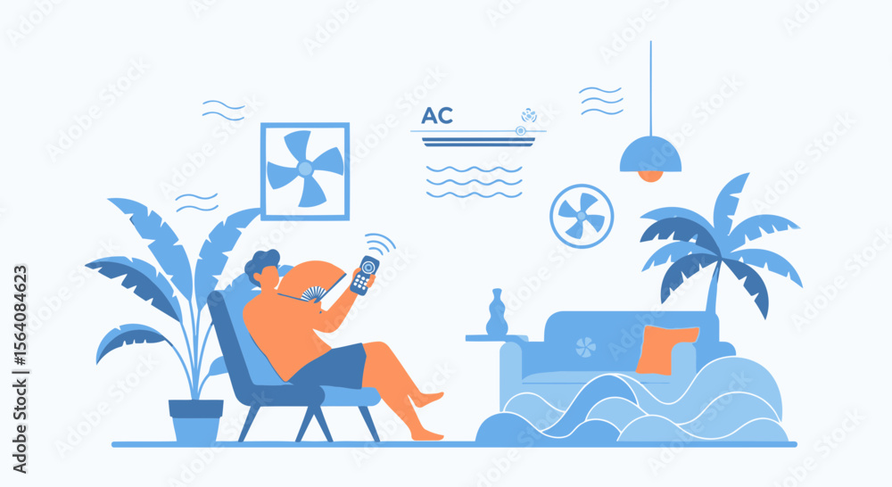 Fototapeta premium Relaxing Indoors Cooling Systems Man Enjoying Comfort Home Temperature Vector Design