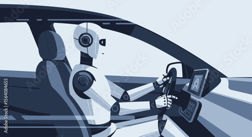 Robot Autonomous Driving Modern Car Innovative Transportation Conceptual Illustration