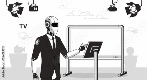 Robot Presenter With Digital Board On Tv Show Set Delivering Presentation