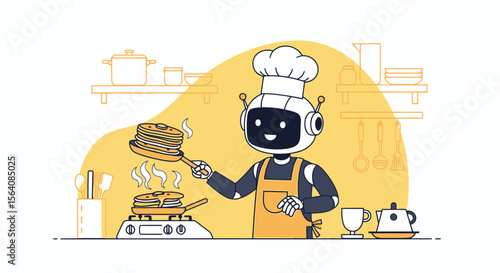 Robotic Chef Preparing Fluffy Pancakes In A Modern Kitchen Setting Illustration