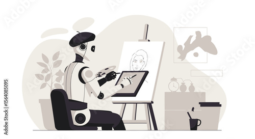 Robotic Artist Creating Digital Portrait In A Studio With Easel And Palette